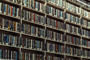 A large library wall with endless rows of books neatly lined up on tall shelves, showcasing a wide collection of books with various colored spines.