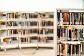 Volunteers arranging bookshelves during a lively library event.