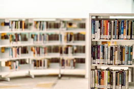 Bookshelves filled with specialized and imported educational books in a bright library.