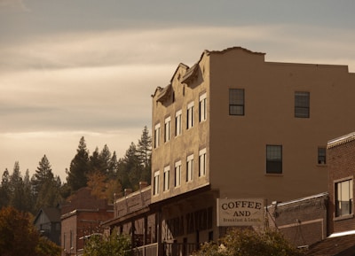 A row of rustic buildings with a prominent sign for a coffee shop offering breakfast and lunch. The architecture features brick and stucco facades with a backdrop of tall pine trees under a partly cloudy sky.
