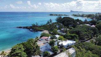Aerial view of a tropical coastline with turquoise waters and greenery. There are several residential buildings with white rooftops nestled among lush trees. The shoreline is lined with palm trees, and there's a distant view of a larger island or landmass across the water.