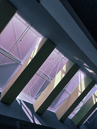 Angular architectural elements with large triangular skylights allowing natural light to cast sharp shadows and illuminate interior spaces. The structure is made up of intersecting beams and glass panels, creating a geometric and modern aesthetic.