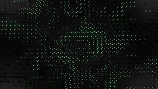 Abstract geometric pattern with hexagons glowing softly in dark tones.