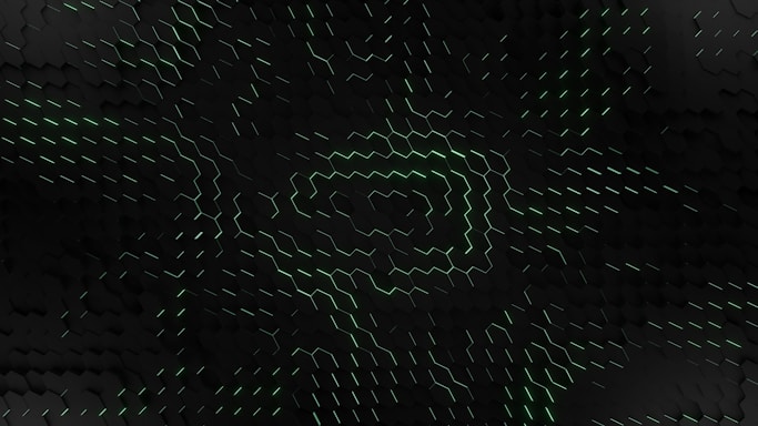 A geometric pattern comprised of hexagonal shapes with a three-dimensional appearance, featuring glowing green lines forming a spiral or vortex-like design on a dark background.