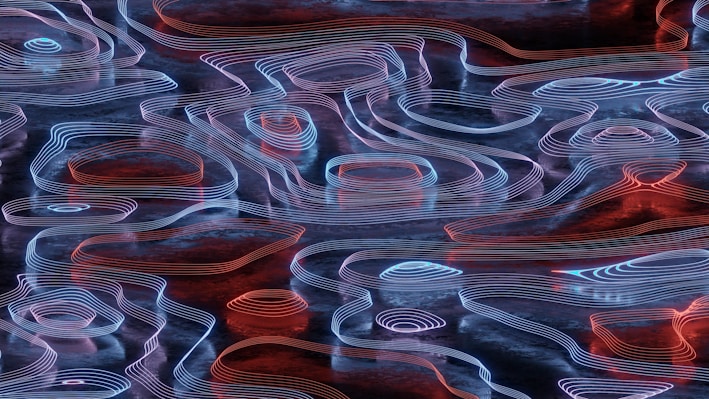 A digital artwork featuring abstract and wavy lines in neon colors creates an intricate pattern that resembles topographic or contour lines. The lines flow across a dark background, using bright red, blue, and white hues to produce a vivid, modern aesthetic.