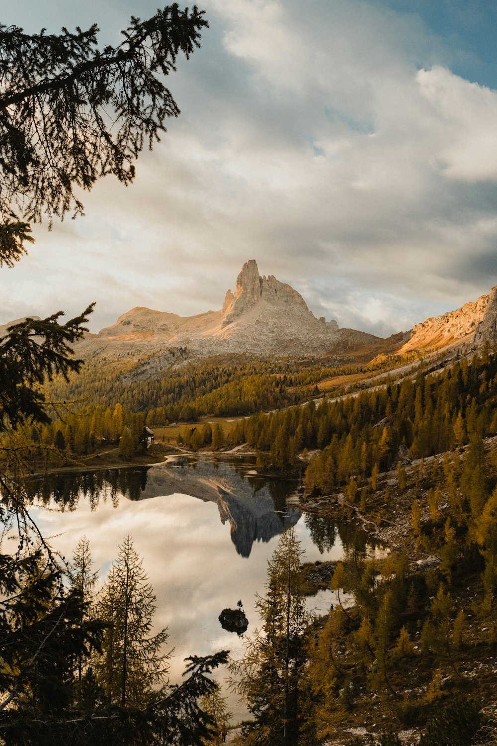 a lake surrounded by trees with a mountain in the background