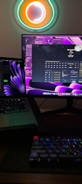 A futuristic digital workspace with vibrant neon colors and advanced technology.