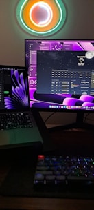 A futuristic workspace with multiple screens displaying AI data and analytics in neon green hues.