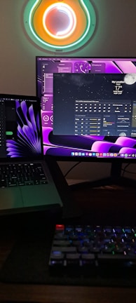 Workspace showing multiple monitors with AI agent interfaces and clean design.