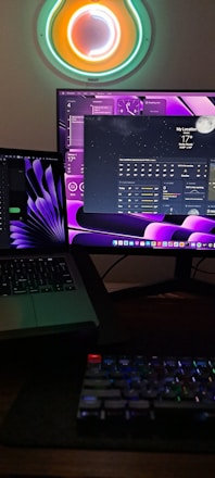 A futuristic digital workspace with vibrant neon colors and advanced technology.