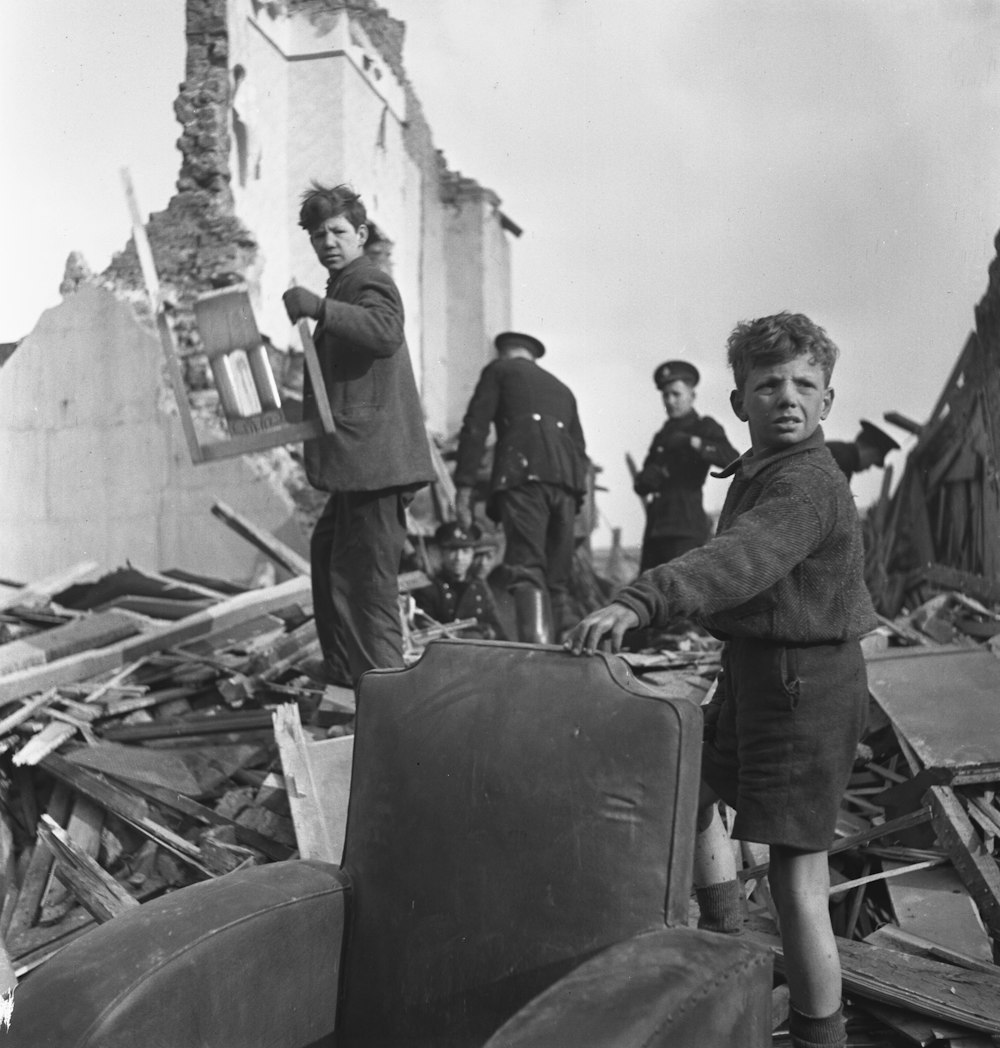 People and wreckage of buildings after a bombing raid of London during World War II