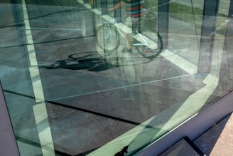 The image features a reflective glass surface showing the partial reflection of a person with a bicycle. The pavement and green grass are visible outside the glass, creating a layered and abstract visual effect with lines and angles formed by the glass and building edges.