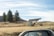 A sign reading 'Welcome to Lake Tekapo' is firmly attached to a stone base, situated in a grassy field. In the background, several evergreen trees rise against a partly cloudy sky. A brown and dry grassy landscape surrounds the sign, and the edge of a car window is slightly visible in the lower right corner of the image.