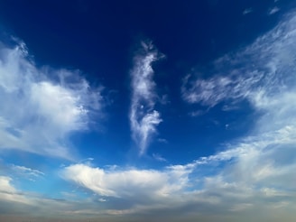 Billowy clouds set against a deep blue sky create an expansive and open scene. The clouds are scattered and varied in shape, ranging from wispy strands to large, fluffy formations. The lower edge of the image reveals a subtle hint of the horizon.