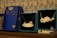 Several jewelry items are displayed on a wooden surface. There are two blue boxes with necklaces featuring cat-shaped pendants. One of the pendants depicts a cat wearing a small hat, while the other depicts a cat with a red bow. Next to these is another blue box featuring a pair of 24K gold plated earrings shaped like cat faces, priced at $89. The background consists of a patterned wall with stylized designs.