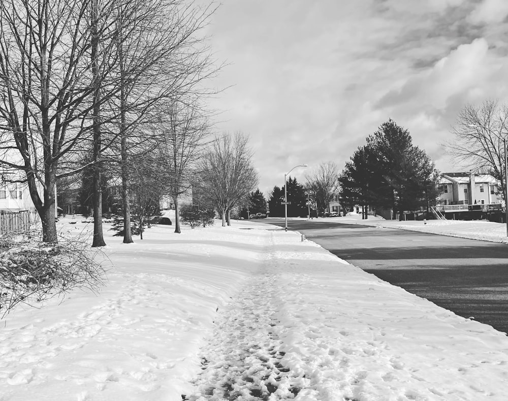 a black and white photo of a snow covered street