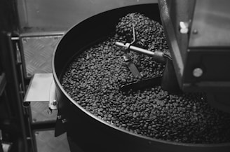 A large metal drum filled with freshly roasted coffee beans. A metal arm rests inside the drum, likely part of a roasting machine. The image is in black and white, highlighting the texture and sheen of the beans and the industrial feel of the machinery.