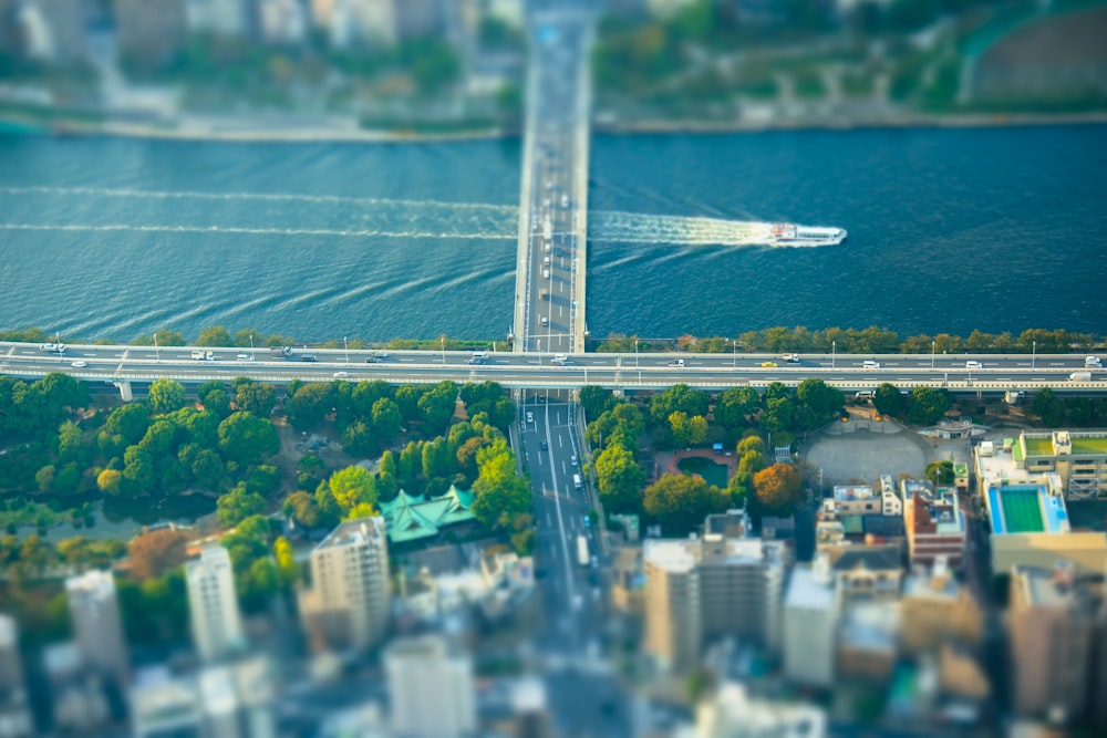 an aerial view of a bridge over a river