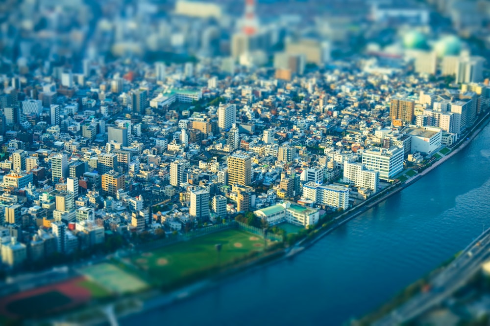 an aerial view of a city with a river running through it