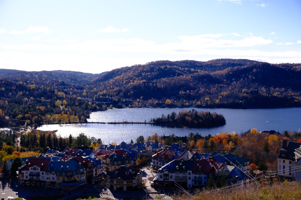 a scenic view of a lake surrounded by mountains