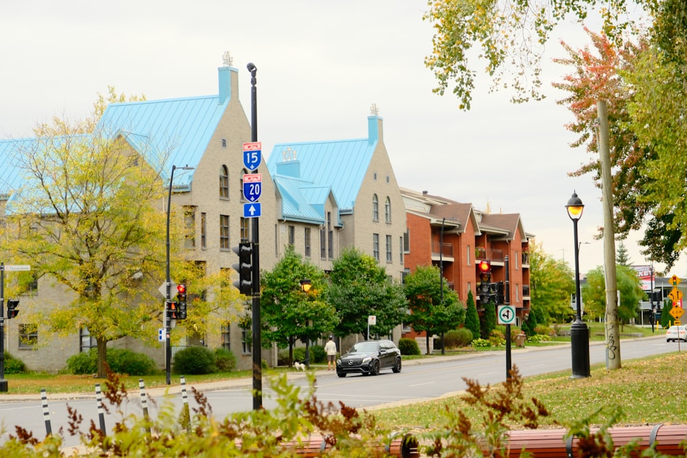 a city street with a row of buildings