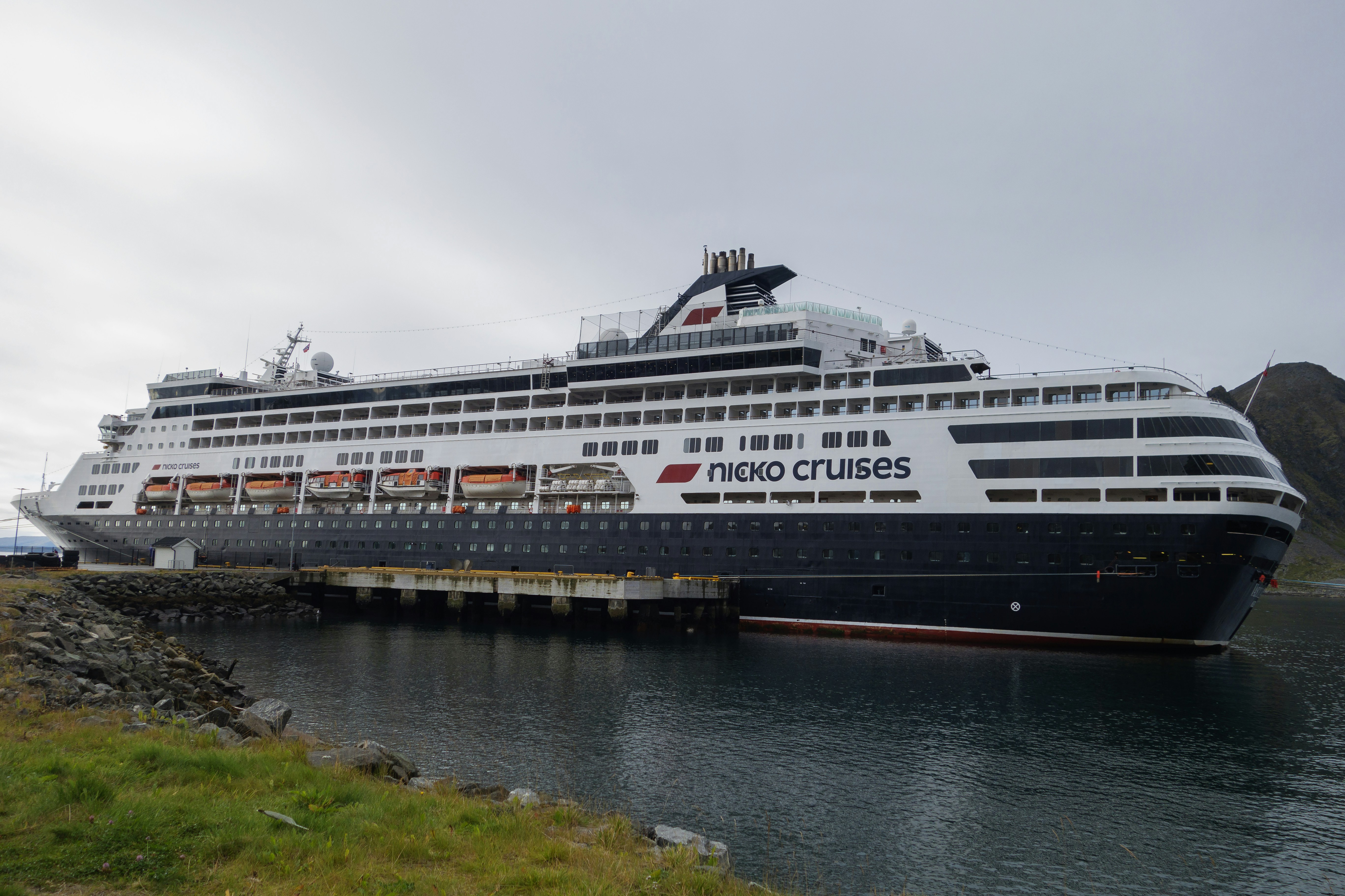 a large cruise ship docked at a dock
