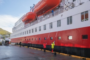A large passenger ship docked at a port with people cleaning its side. The ship has a distinct red, white, and black color scheme, with large orange lifeboats mounted on its side. Several workers in high-visibility clothing are using long poles to clean the windows and sides of the ship. The setting appears to be a harbor with a hillside town visible in the background.