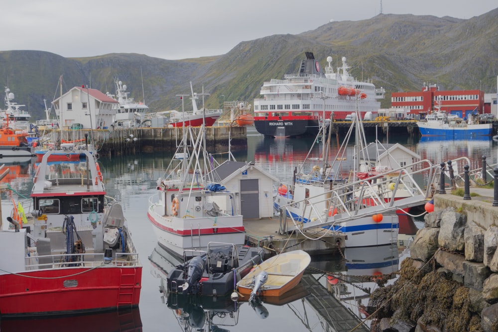 a harbor filled with lots of boats next to a mountain