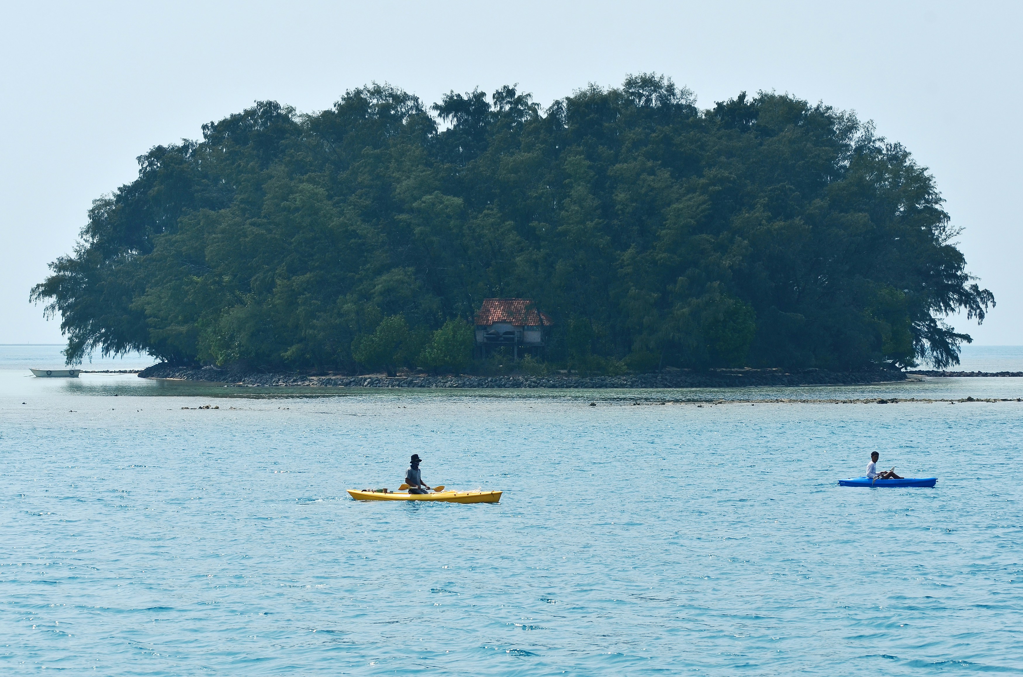 a couple of people in a yellow boat on a body of water
