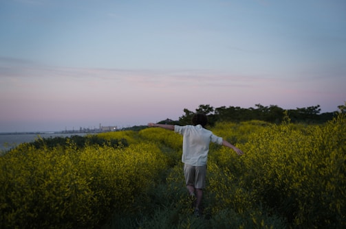A person is walking through a field of tall green plants under a clear evening sky. The horizon is visible with distant factory buildings or industrial structures. The person is wearing a light-colored shirt and shorts and has arms stretched out, moving through the path surrounded by lush greenery.
