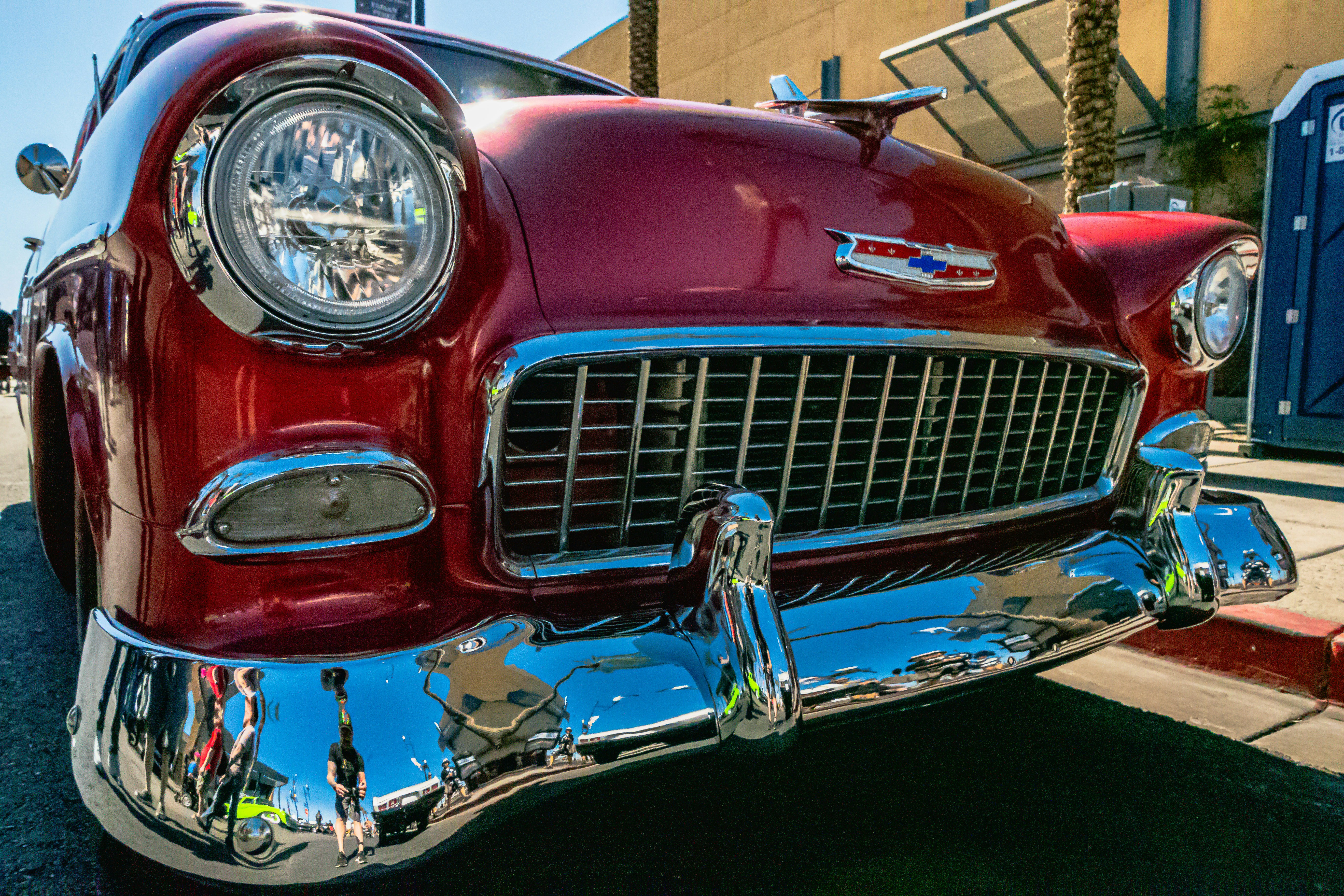 a close up of the front of a classic car