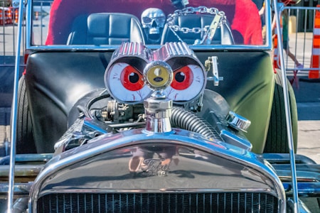 A customized car with a vintage design features eye-catching modifications including large cartoonish red eyes on the engine, a skull decoration on the dashboard, and a metallic chain. The bright and shiny chrome parts reflect sunlight, giving it a polished look.