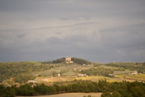 A scenic landscape featuring rolling hills covered in lush greenery and vineyards. Atop one of the hills, a villa is visible, surrounded by tall cypress trees. The sky above is overcast with gray clouds creating a serene yet slightly somber atmosphere.