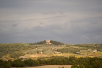 A scenic landscape featuring rolling hills covered in lush greenery and vineyards. Atop one of the hills, a villa is visible, surrounded by tall cypress trees. The sky above is overcast with gray clouds creating a serene yet slightly somber atmosphere.