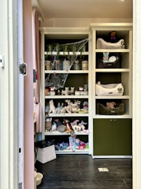 The image features a well-organized storage cabinet filled with a mixture of decorative items, jars, and plush toys. There are glass jars, some with plants, and plush toys resembling animals like reindeer and rabbits. Decorative spider webs are draped across the shelves, giving a hint of a Halloween theme. On one side, a basket and some colorful pet toys are placed on the lower shelves.