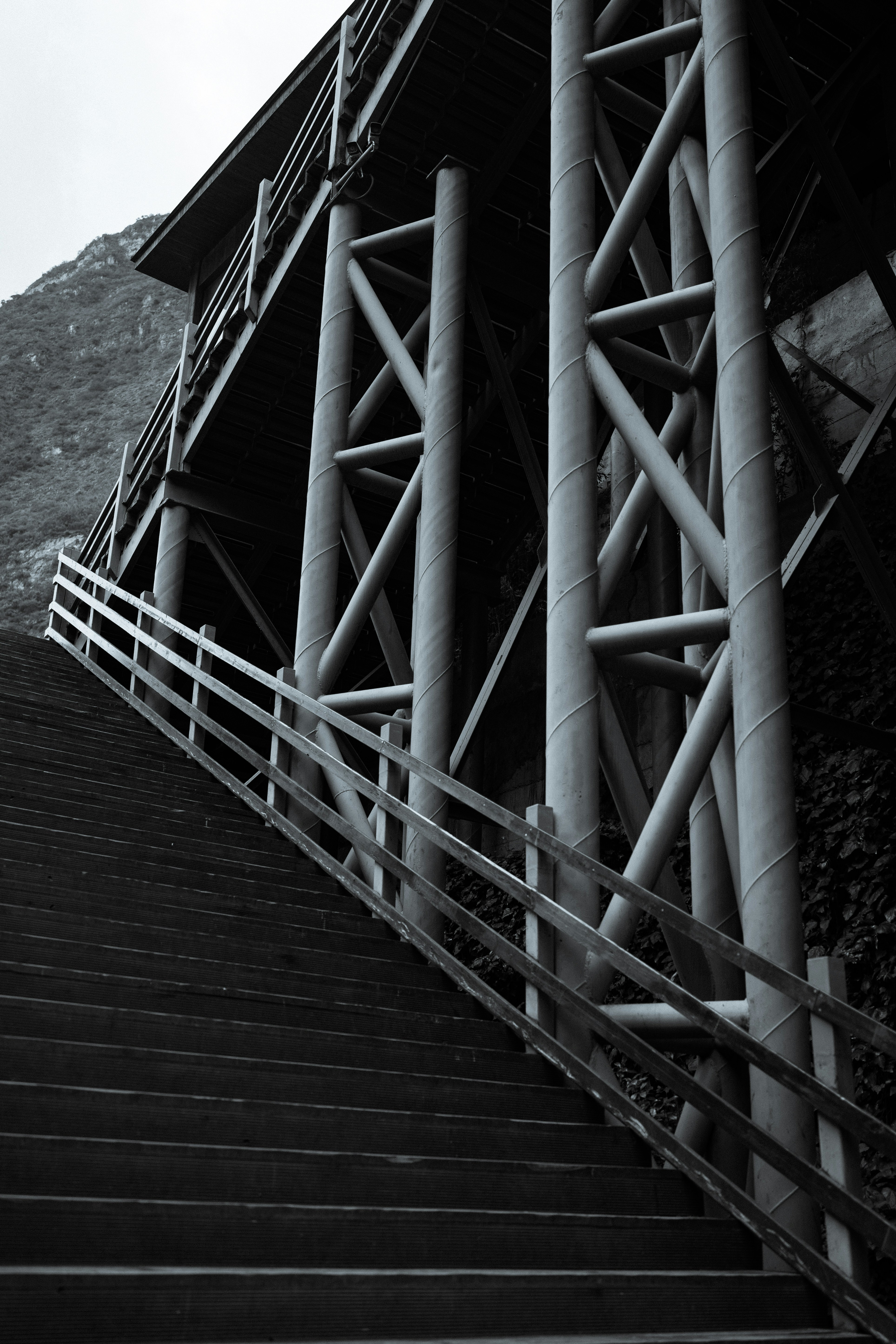 a black and white photo of some stairs