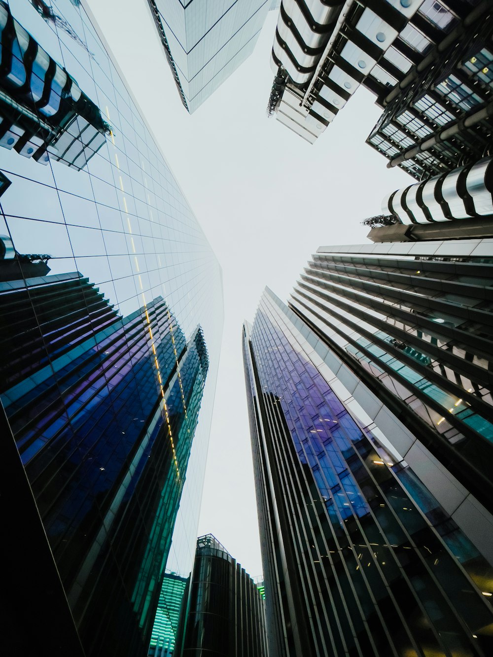 looking up at tall buildings in a city