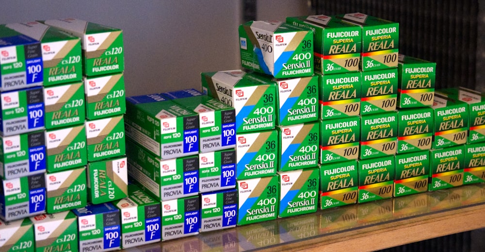 stacks of cigarettes are stacked on a shelf