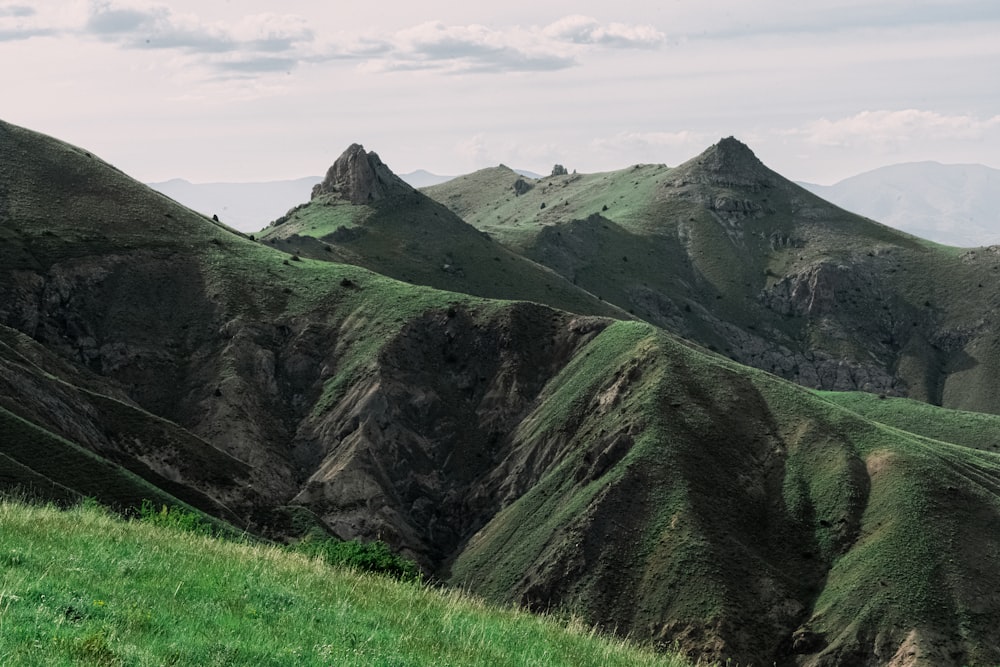 a grassy field with mountains in the background