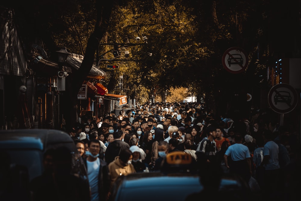 a large group of people walking down a street