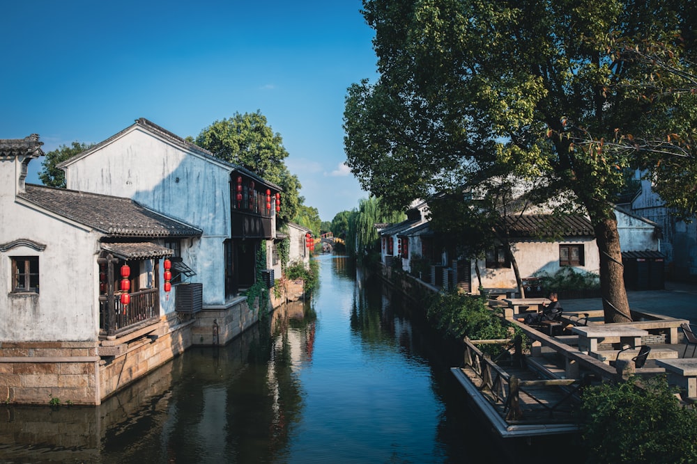 a river running through a small town next to a forest