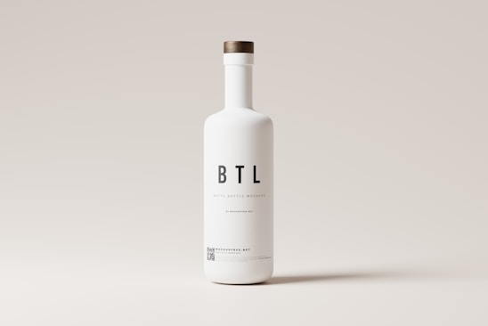 A tall white bottle with a minimalistic design is centered against a light gray background. The bottle features bold black letters spelling 'BTL' and additional smaller text below. It has a round wooden cap.