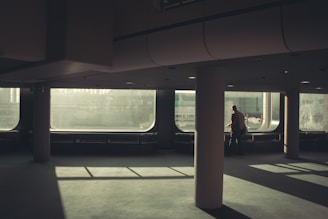 A spacious, dimly lit room with large floor-to-ceiling windows casting elongated shadows across the floor. A lone person is walking near one of the windows, creating a contemplative and solitary atmosphere. The design is modern, with smooth surfaces and a muted color palette.