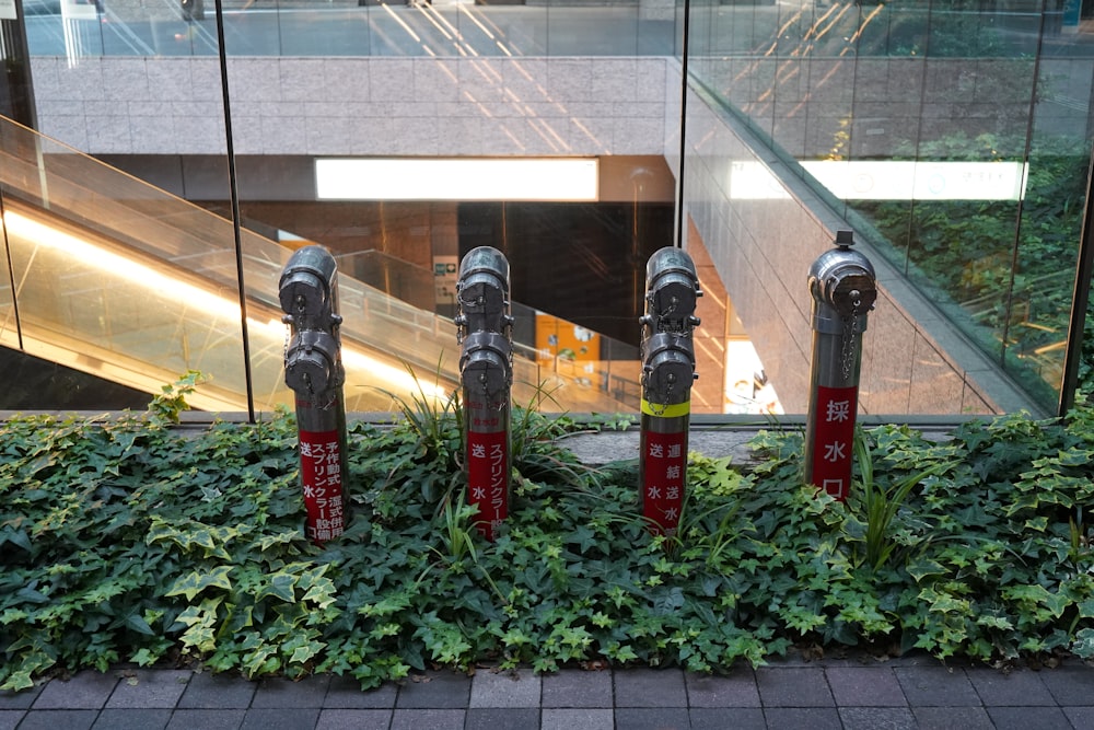 a row of parking meters in front of a building