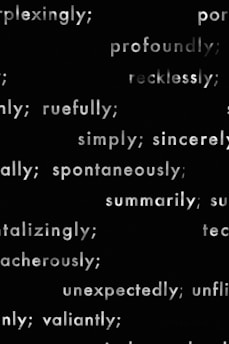 The image contains various adverbs written in white font on a black background, each followed by a semicolon. Words such as 'perplexingly', 'profoundly', 'recklessly', and 'unexpectedly' are visible.