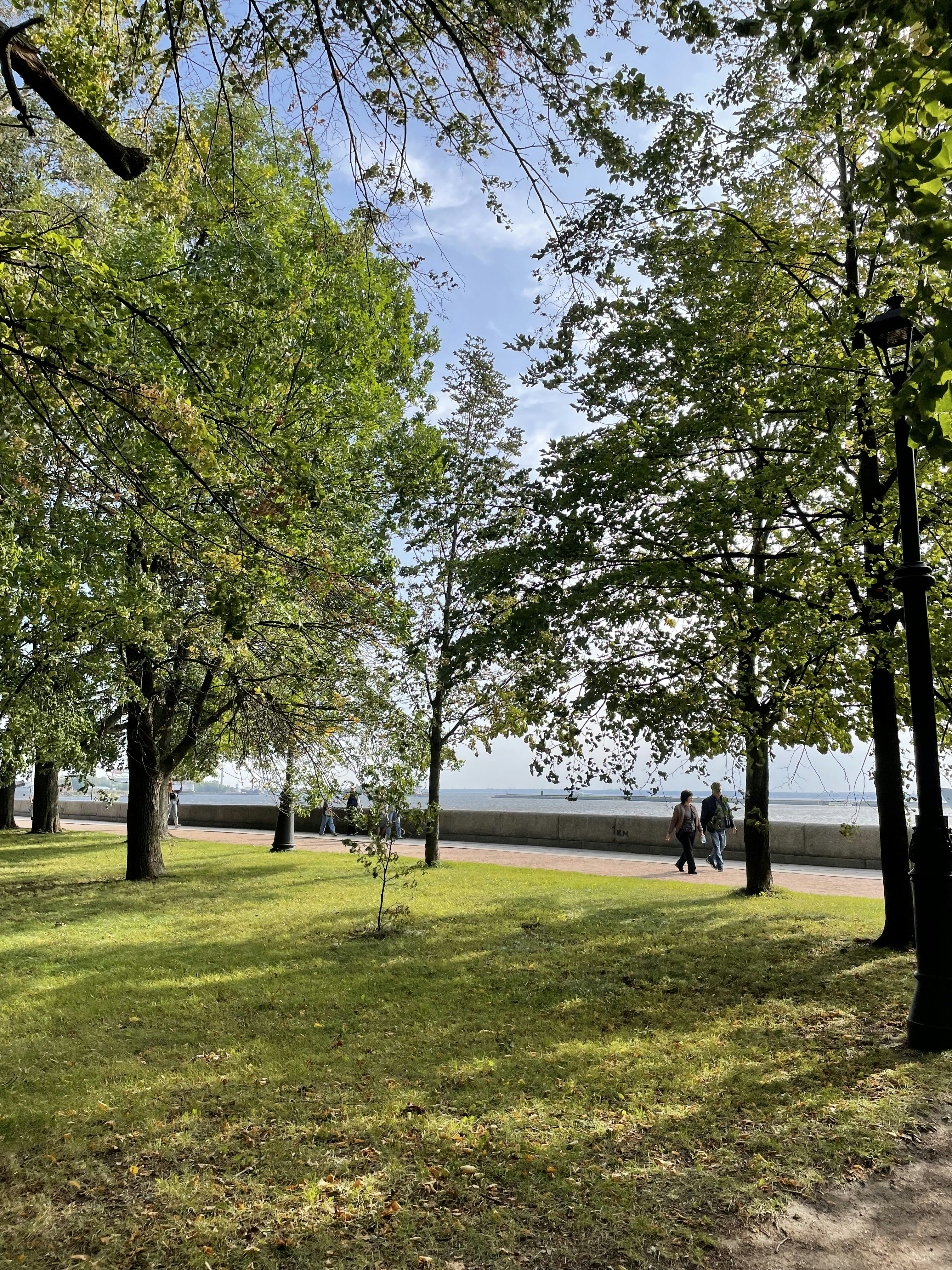 a couple of people walking through a park
