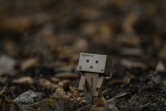 A small, cardboard box robot with simple facial features stands among dry leaves on the ground. The background is blurred, giving a sense of isolation and focus on the robot character.