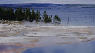 A serene morning view of Yellowstone's steaming geysers with colorful hot springs.