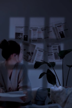 A person is sitting indoors, with their face turned towards a wall covered in newspaper clippings. The dim lighting casts a blue hue over the room, creating a contemplative atmosphere. A plant is visible next to the person, adding greenery to the setting.