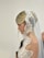 A bride is wearing a white lace veil and an elegant wedding dress. Her hair is styled in an updo with a loose strand flowing down, adding a romantic touch. The intricate lace detail of the veil frames her face delicately.